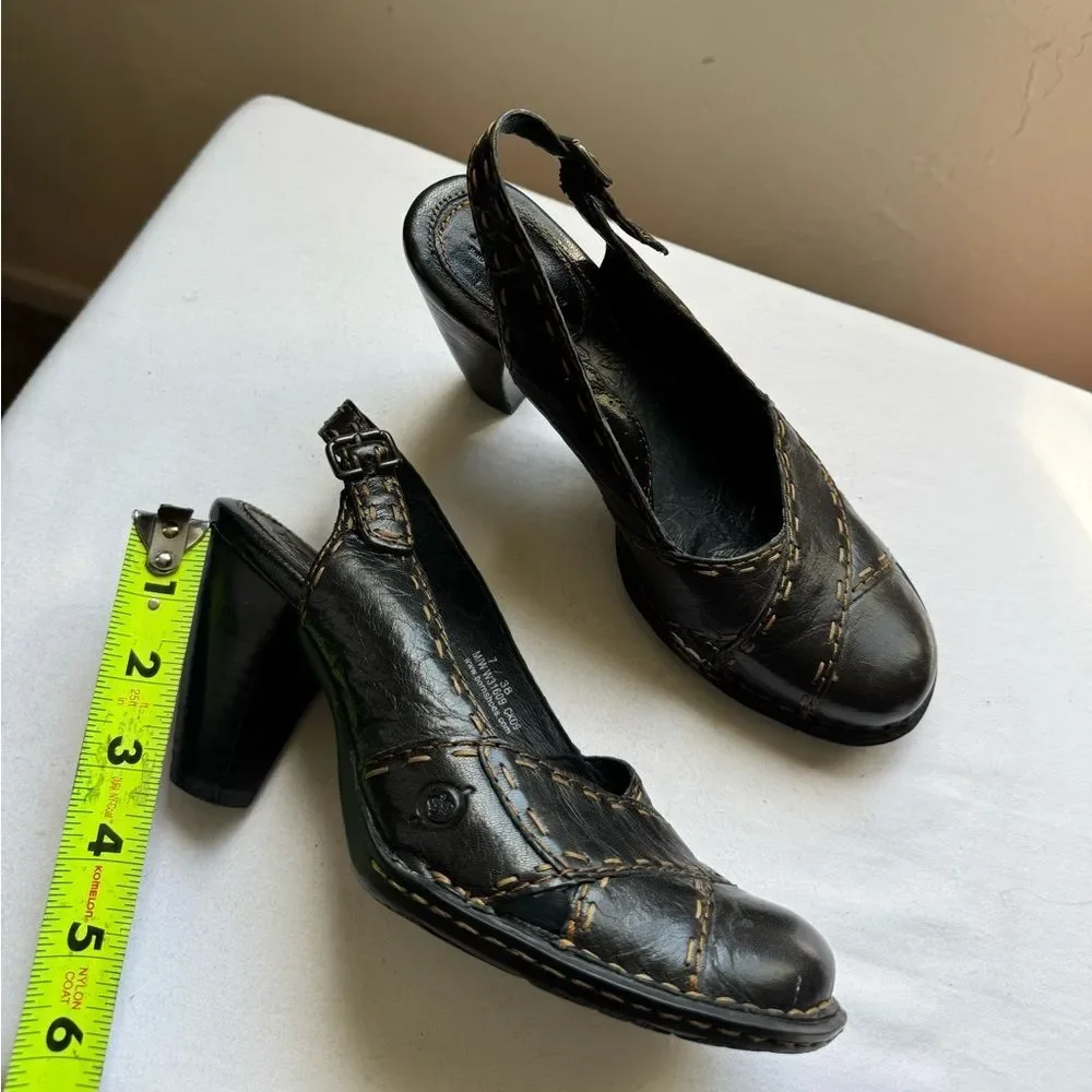 Y2K 2000s Born Black Leather Slingback Heels with Tan Contrast Stitching Size 7